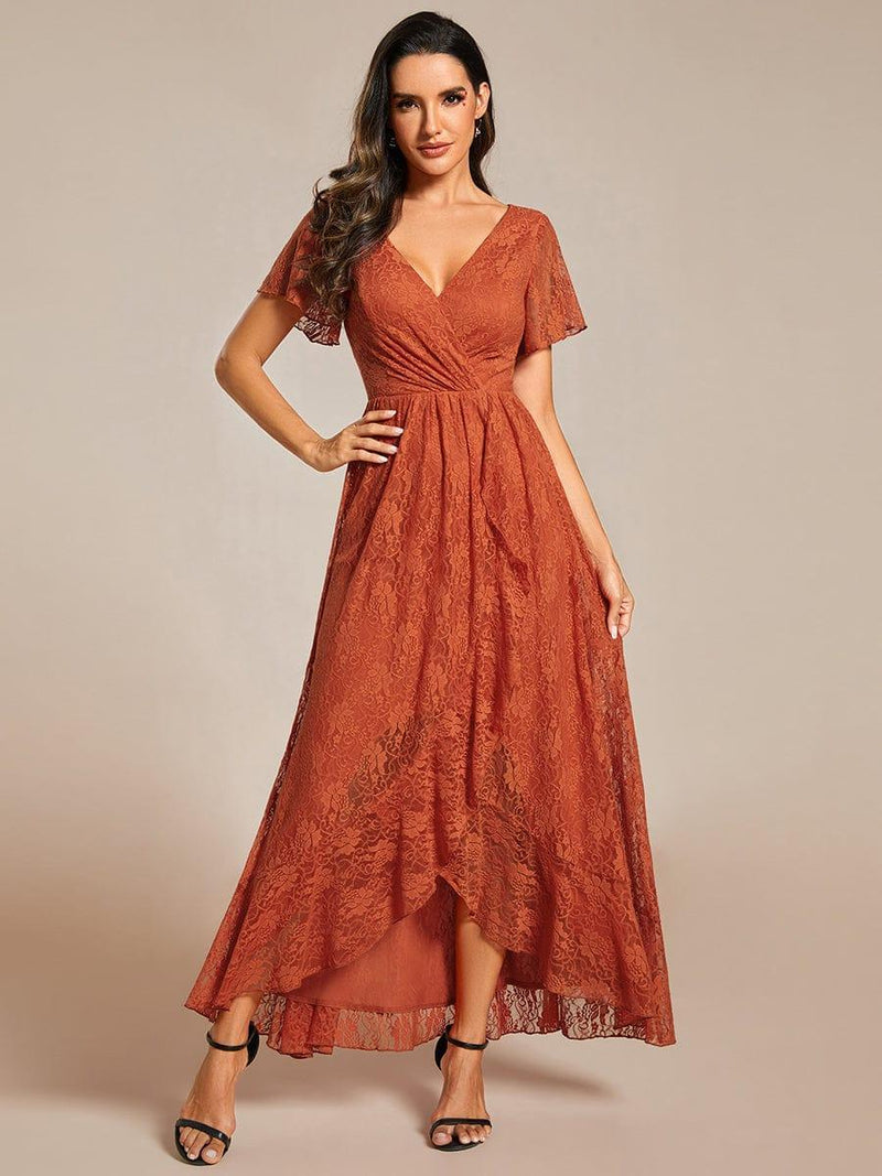 ever ELISE|Pleated V-Neck Short Sleeve Ruffled Lace Wedding Guest Dress