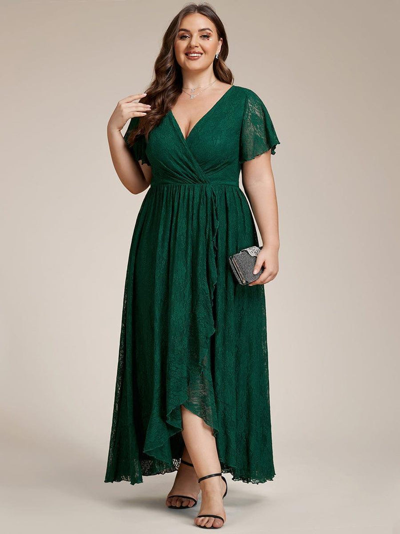 ever ELISE|Pleated V-Neck Short Sleeve Ruffled Lace Wedding Guest Dress