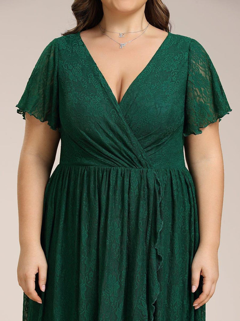 ever ELISE|Pleated V-Neck Short Sleeve Ruffled Lace Wedding Guest Dress