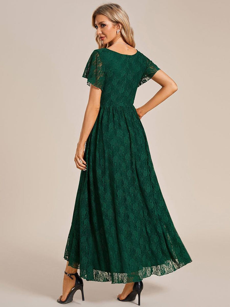 ever ELISE|Pleated V-Neck Short Sleeve Ruffled Lace Wedding Guest Dress