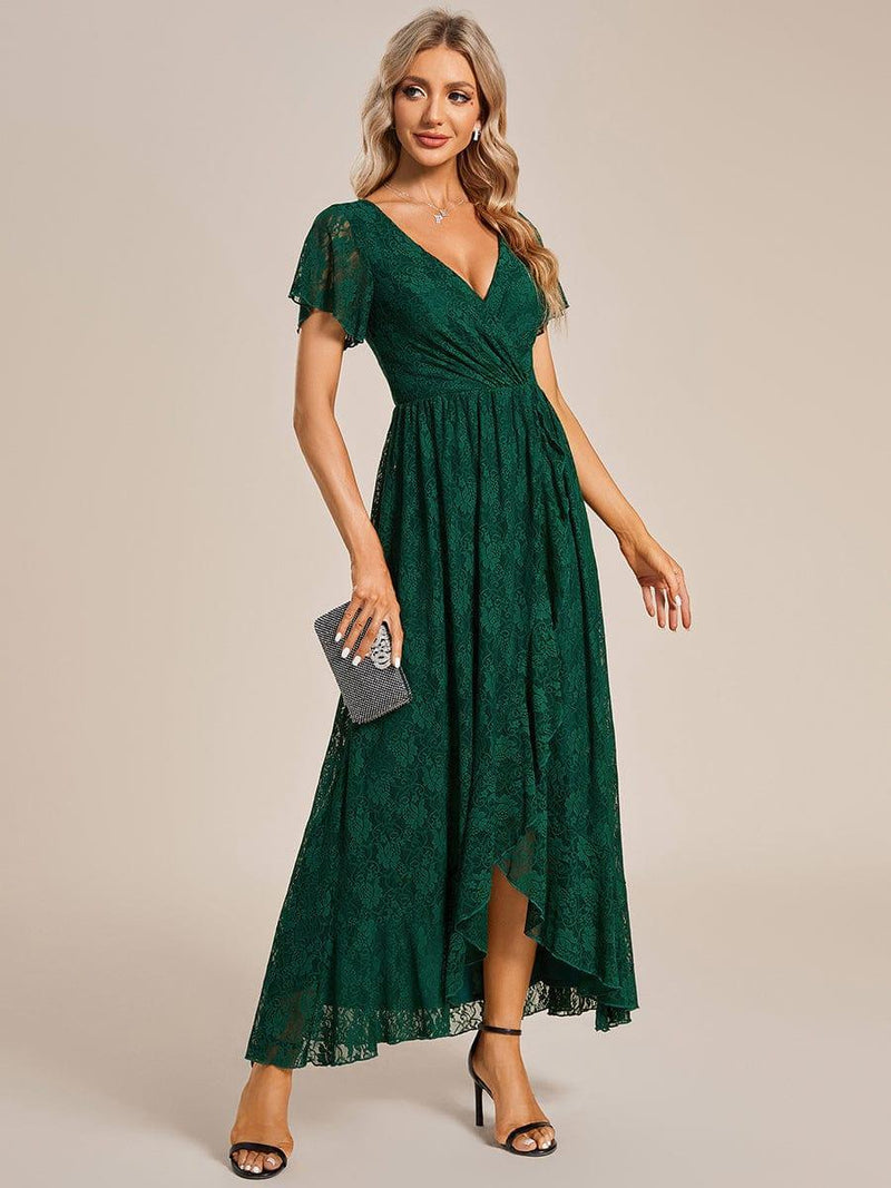 ever ELISE|Pleated V-Neck Short Sleeve Ruffled Lace Wedding Guest Dress