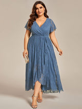 ever ELISE|Pleated V-Neck Short Sleeve Ruffled Lace Wedding Guest Dress