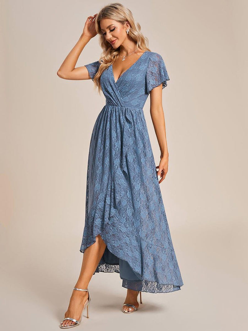 ever ELISE|Pleated V-Neck Short Sleeve Ruffled Lace Wedding Guest Dress