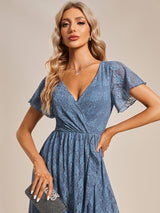 ever ELISE|Pleated V-Neck Short Sleeve Ruffled Lace Wedding Guest Dress
