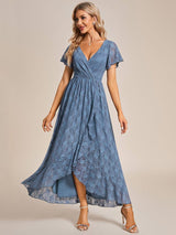 ever ELISE|Pleated V-Neck Short Sleeve Ruffled Lace Wedding Guest Dress