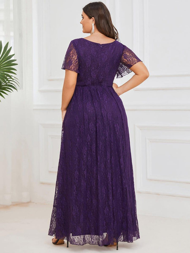 ever ELISE|Pleated V-Neck Short Sleeve Ruffled Lace Wedding Guest Dress