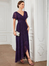 ever ELISE|Pleated V-Neck Short Sleeve Ruffled Lace Wedding Guest Dress