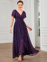 ever ELISE|Pleated V-Neck Short Sleeve Ruffled Lace Wedding Guest Dress