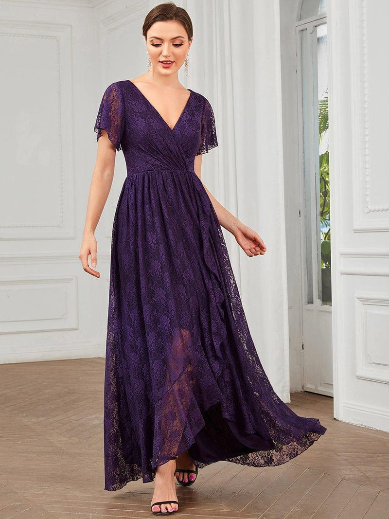 ever ELISE|Pleated V-Neck Short Sleeve Ruffled Lace Wedding Guest Dress