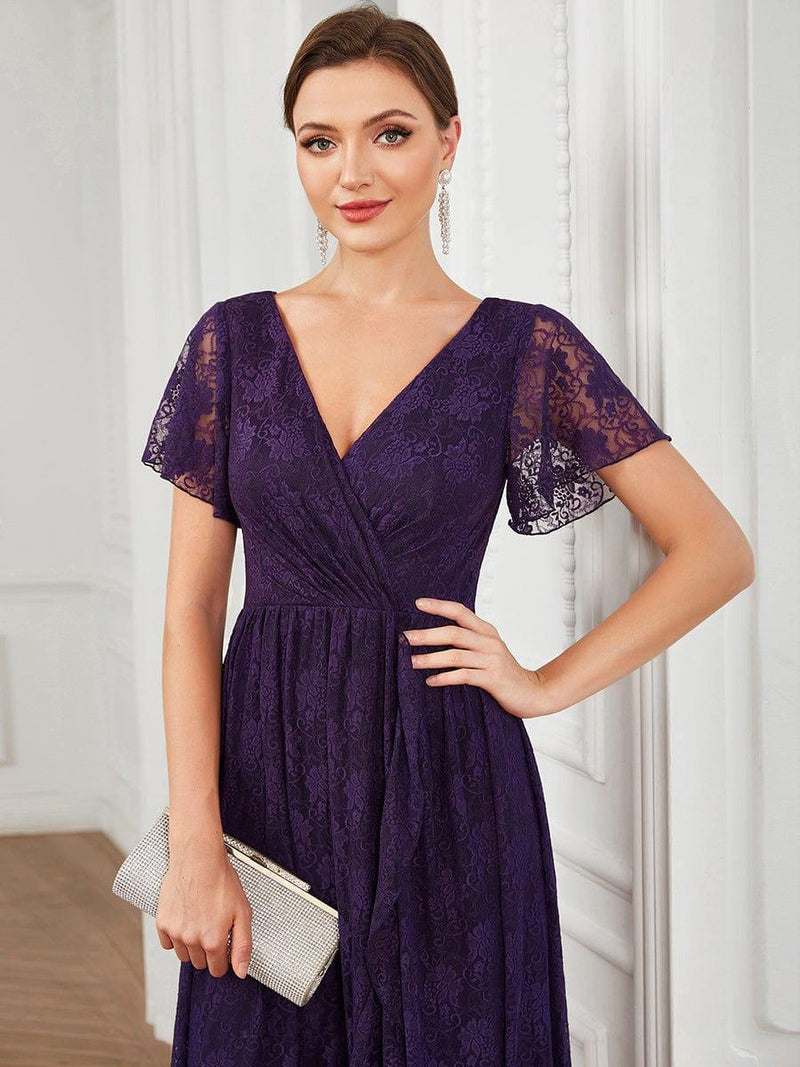 ever ELISE|Pleated V-Neck Short Sleeve Ruffled Lace Wedding Guest Dress