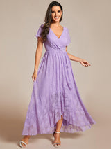 ever ELISE|Pleated V-Neck Short Sleeve Ruffled Lace Wedding Guest Dress