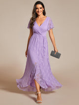 ever ELISE|Pleated V-Neck Short Sleeve Ruffled Lace Wedding Guest Dress