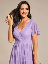 ever ELISE|Pleated V-Neck Short Sleeve Ruffled Lace Wedding Guest Dress