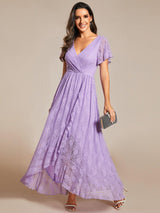 ever ELISE|Pleated V-Neck Short Sleeve Ruffled Lace Wedding Guest Dress