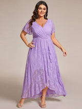 ever ELISE|Pleated V-Neck Short Sleeve Ruffled Lace Wedding Guest Dress