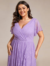ever ELISE|Pleated V-Neck Short Sleeve Ruffled Lace Wedding Guest Dress