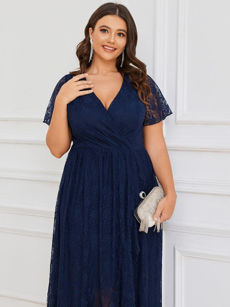 ever ELISE|Pleated V-Neck Short Sleeve Ruffled Lace Wedding Guest Dress