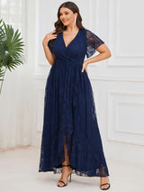 ever ELISE|Pleated V-Neck Short Sleeve Ruffled Lace Wedding Guest Dress