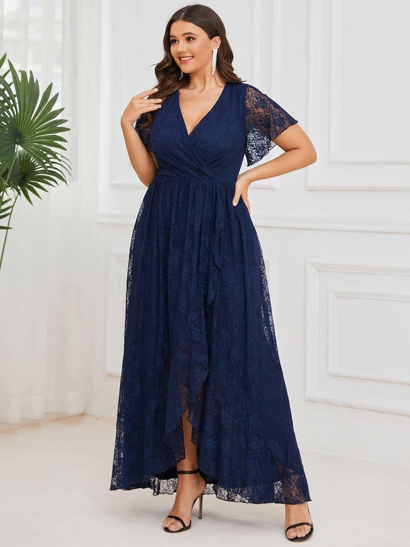 ever ELISE|Pleated V-Neck Short Sleeve Ruffled Lace Wedding Guest Dress