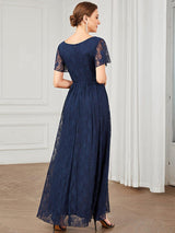 ever ELISE|Pleated V-Neck Short Sleeve Ruffled Lace Wedding Guest Dress