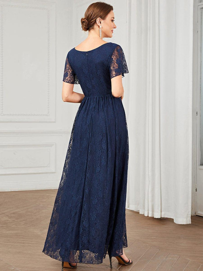 ever ELISE|Pleated V-Neck Short Sleeve Ruffled Lace Wedding Guest Dress