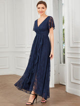 ever ELISE|Pleated V-Neck Short Sleeve Ruffled Lace Wedding Guest Dress
