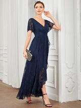 ever ELISE|Pleated V-Neck Short Sleeve Ruffled Lace Wedding Guest Dress