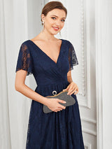 ever ELISE|Pleated V-Neck Short Sleeve Ruffled Lace Wedding Guest Dress