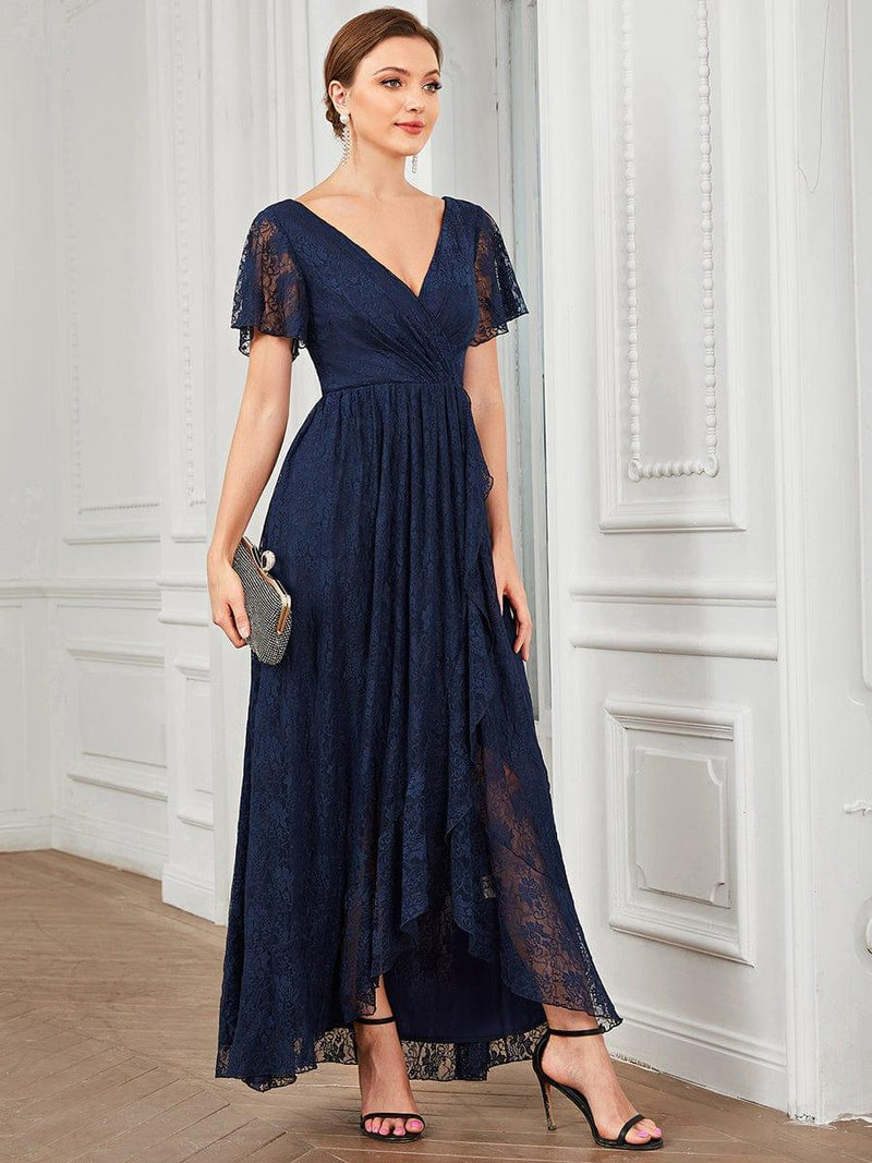 ever ELISE|Pleated V-Neck Short Sleeve Ruffled Lace Wedding Guest Dress