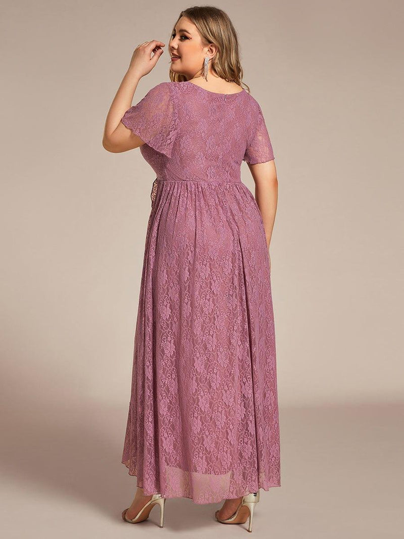 ever ELISE|Pleated V-Neck Short Sleeve Ruffled Lace Wedding Guest Dress
