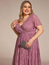 ever ELISE|Pleated V-Neck Short Sleeve Ruffled Lace Wedding Guest Dress