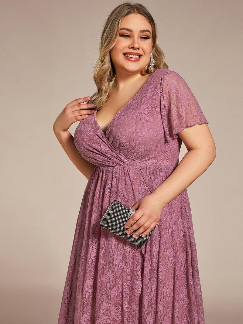 ever ELISE|Pleated V-Neck Short Sleeve Ruffled Lace Wedding Guest Dress