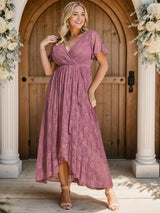 ever ELISE|Pleated V-Neck Short Sleeve Ruffled Lace Wedding Guest Dress