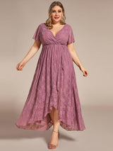 ever ELISE|Pleated V-Neck Short Sleeve Ruffled Lace Wedding Guest Dress