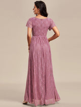 ever ELISE|Pleated V-Neck Short Sleeve Ruffled Lace Wedding Guest Dress