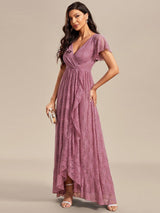 ever ELISE|Pleated V-Neck Short Sleeve Ruffled Lace Wedding Guest Dress