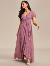 ever ELISE|Pleated V-Neck Short Sleeve Ruffled Lace Wedding Guest Dress