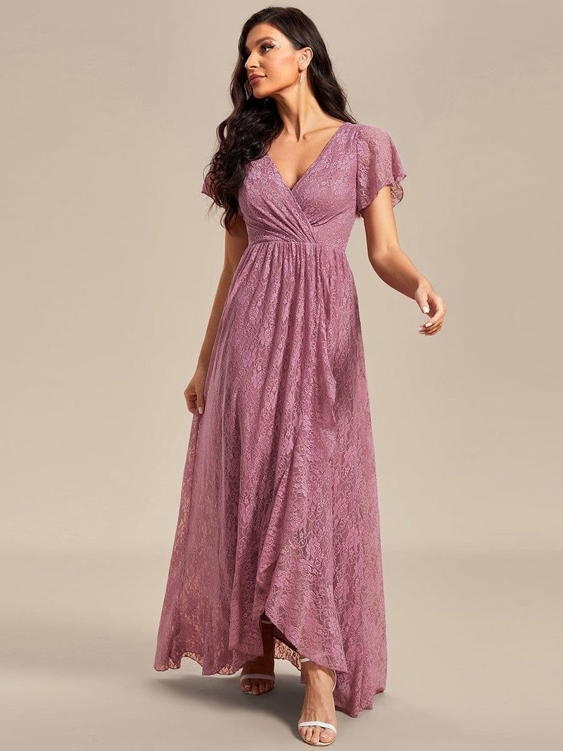 ever ELISE|Pleated V-Neck Short Sleeve Ruffled Lace Wedding Guest Dress