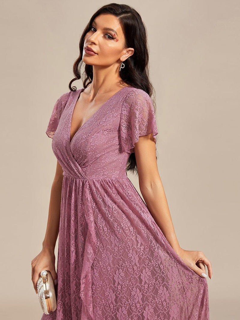ever ELISE|Pleated V-Neck Short Sleeve Ruffled Lace Wedding Guest Dress