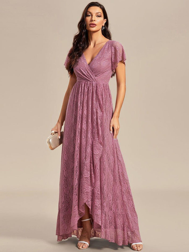 ever ELISE|Pleated V-Neck Short Sleeve Ruffled Lace Wedding Guest Dress