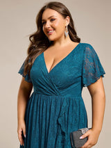 ever ELISE|Pleated V-Neck Short Sleeve Ruffled Lace Wedding Guest Dress