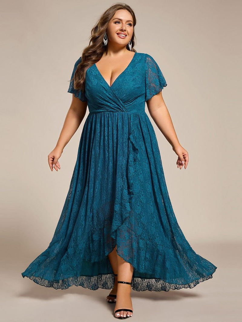 ever ELISE|Pleated V-Neck Short Sleeve Ruffled Lace Wedding Guest Dress