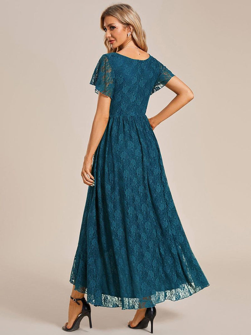 ever ELISE|Pleated V-Neck Short Sleeve Ruffled Lace Wedding Guest Dress