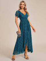 ever ELISE|Pleated V-Neck Short Sleeve Ruffled Lace Wedding Guest Dress