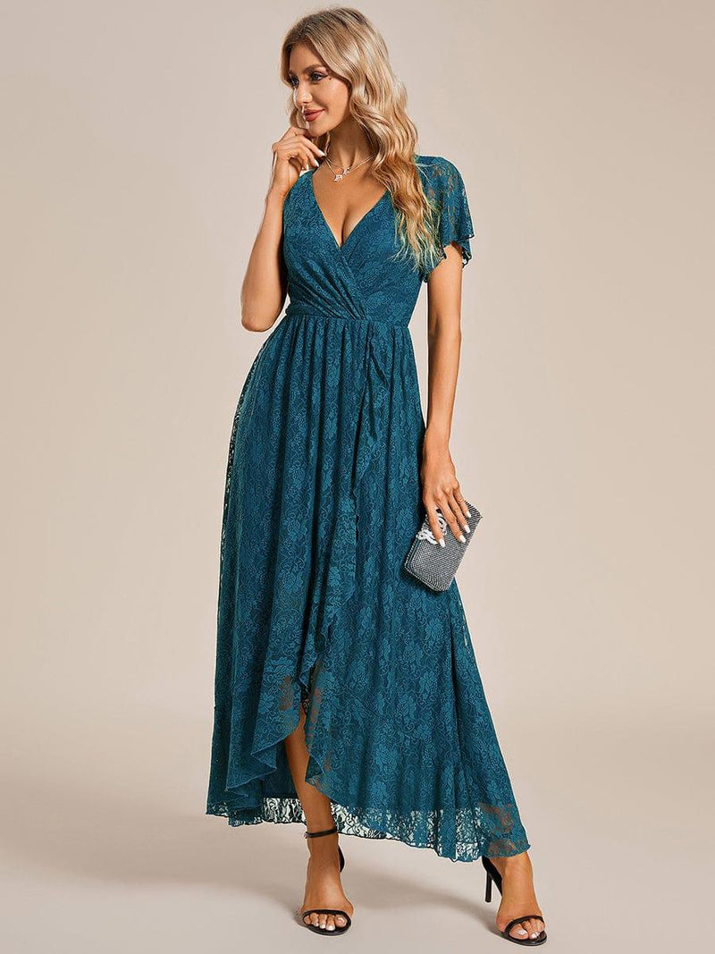 ever ELISE|Pleated V-Neck Short Sleeve Ruffled Lace Wedding Guest Dress