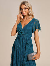 ever ELISE|Pleated V-Neck Short Sleeve Ruffled Lace Wedding Guest Dress