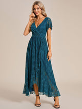 ever ELISE|Pleated V-Neck Short Sleeve Ruffled Lace Wedding Guest Dress