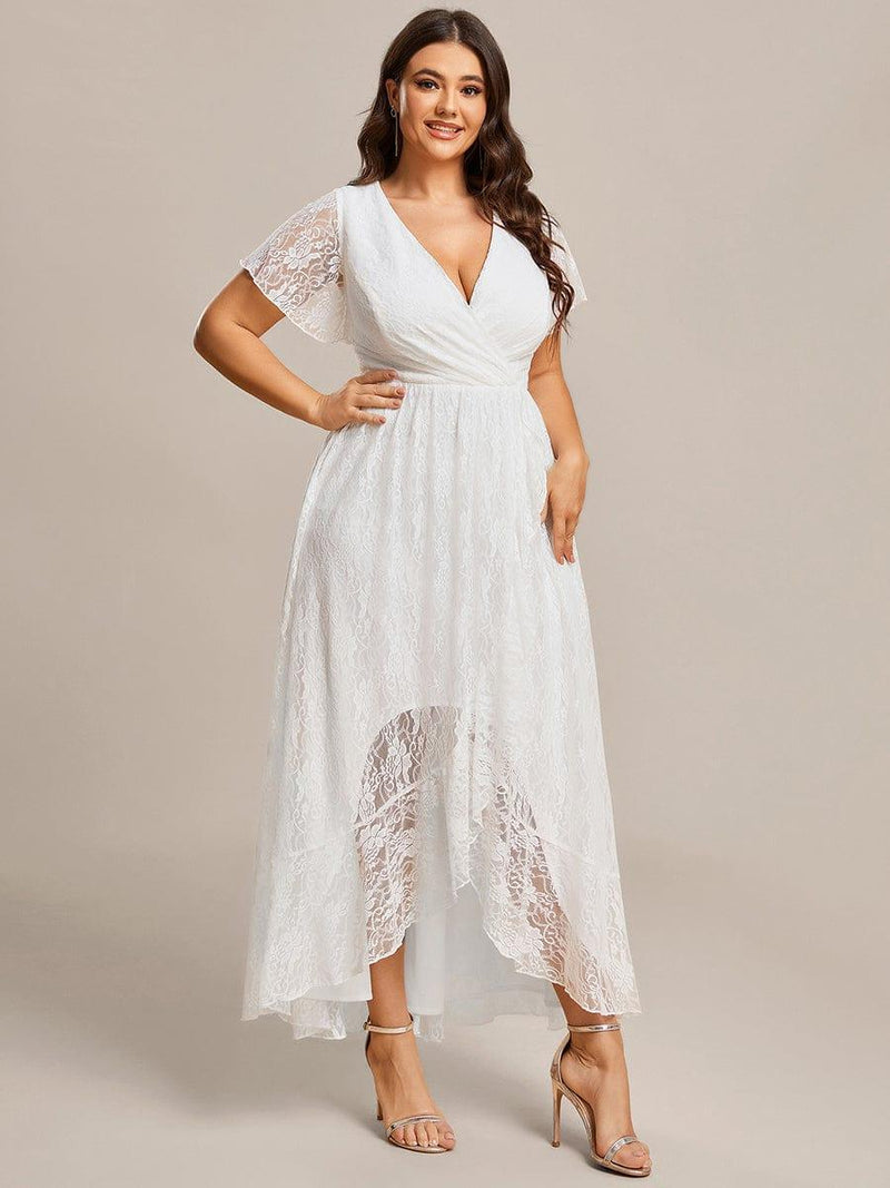ever ELISE|Pleated V-Neck Short Sleeve Ruffled Lace Wedding Guest Dress
