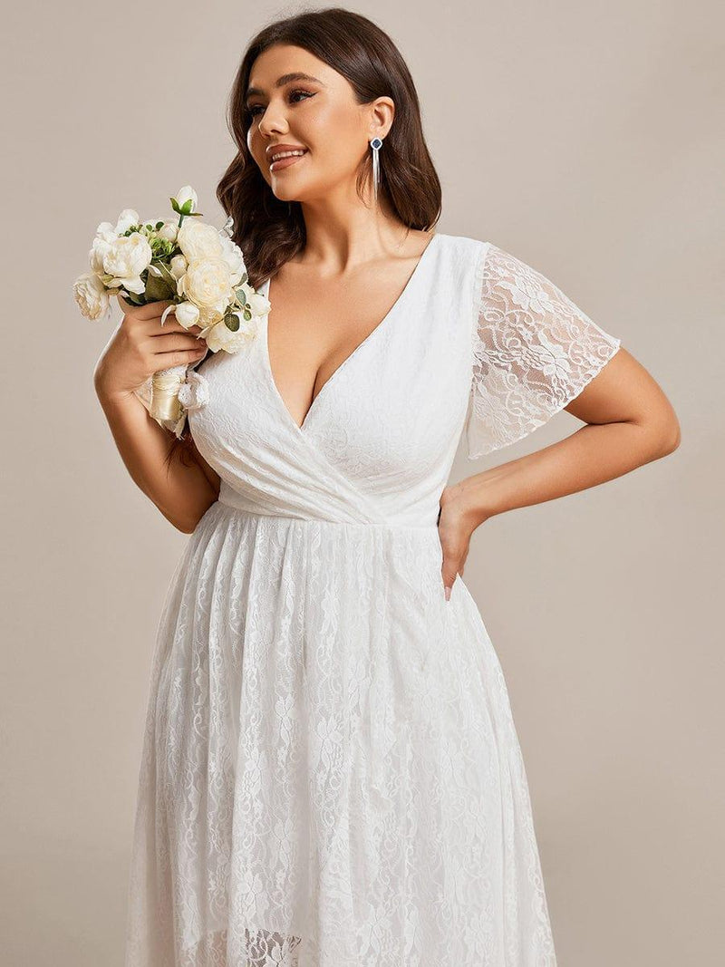 ever ELISE|Pleated V-Neck Short Sleeve Ruffled Lace Wedding Guest Dress