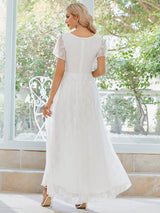 ever ELISE|Pleated V-Neck Short Sleeve Ruffled Lace Wedding Guest Dress